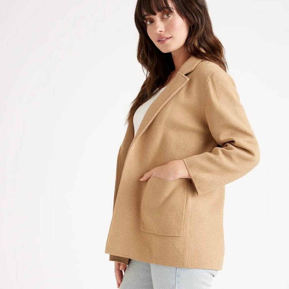 Quince 100% Organic Cotton Camel Soft Relaxed Open Front Knit Blazer Medium